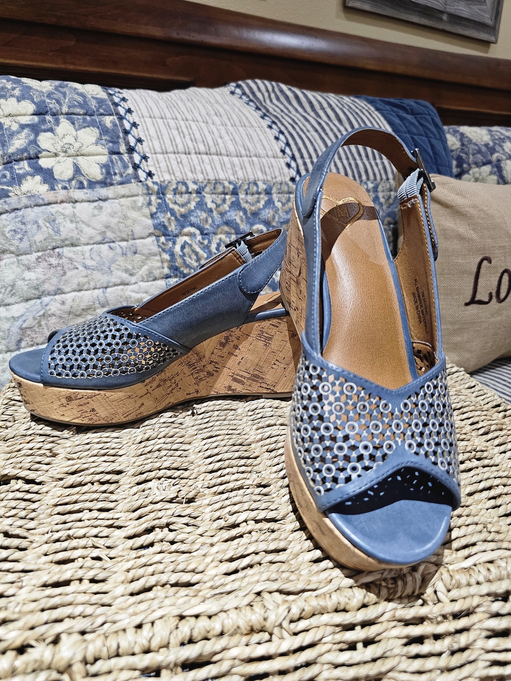 Madeline Doting Blue Perforated Cork Wedge Slingbacks